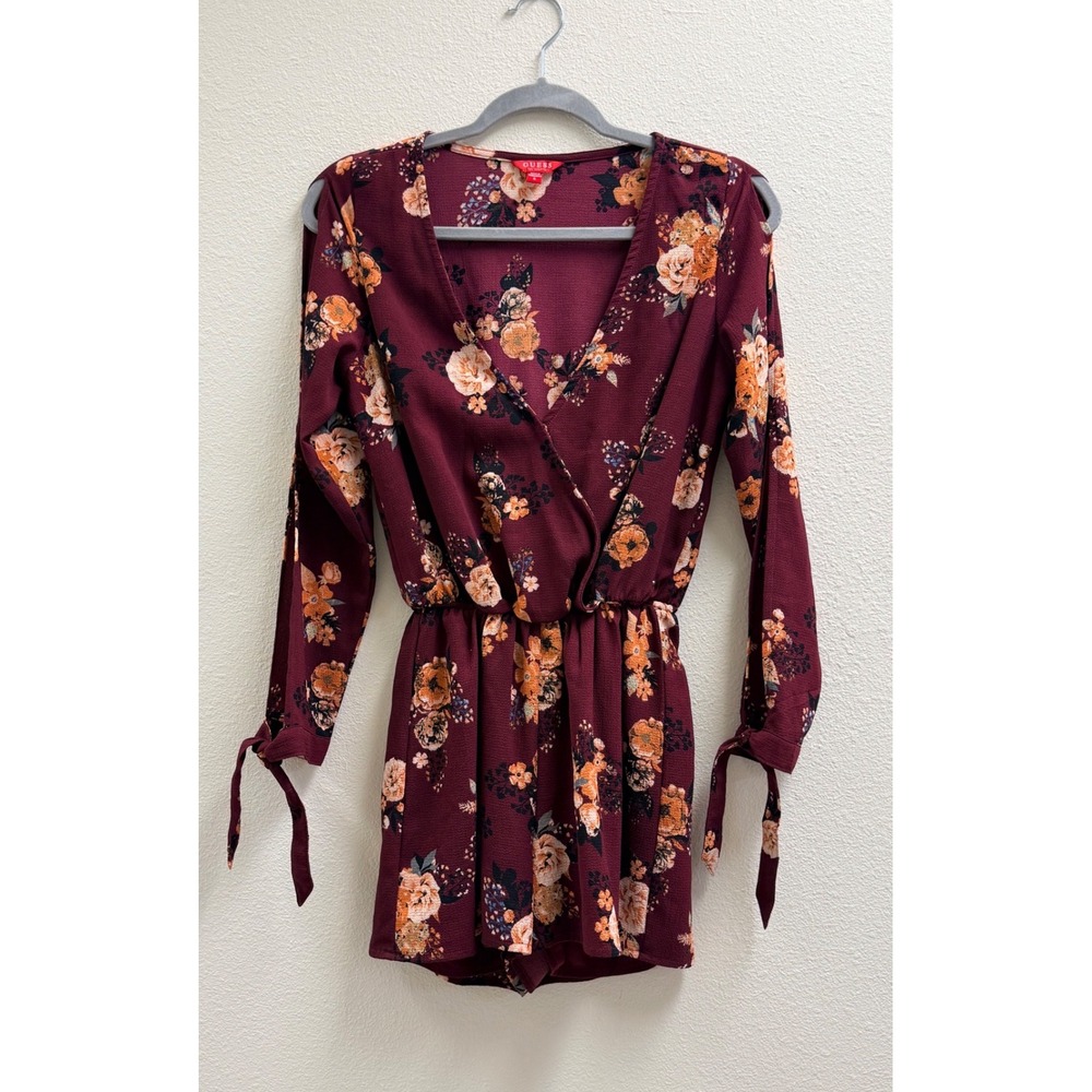 GUESS Burgundy Floral Romper Small Split Long Sleeves Tie Cuffs